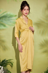 Silk Twill Midi Dress with Draped Knot Detail and Lapel Collar
